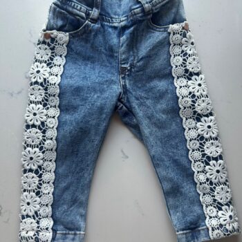 Cotton soft denim pull on jeans with lace trim 6-12mnths